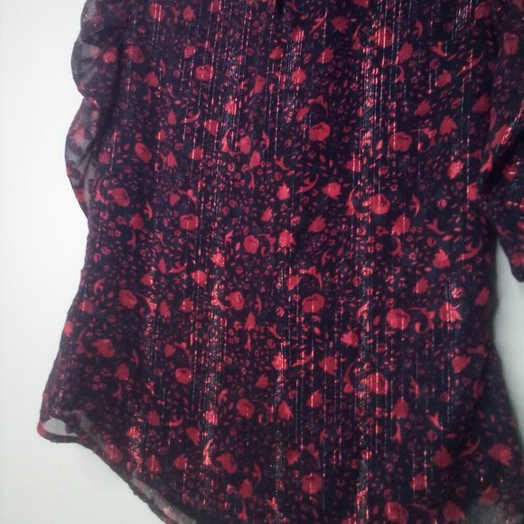 Express Blouse Shirt Women S 1/2 Gathered Sleeves Lined Pattern Red Black - Picture 14 of 15